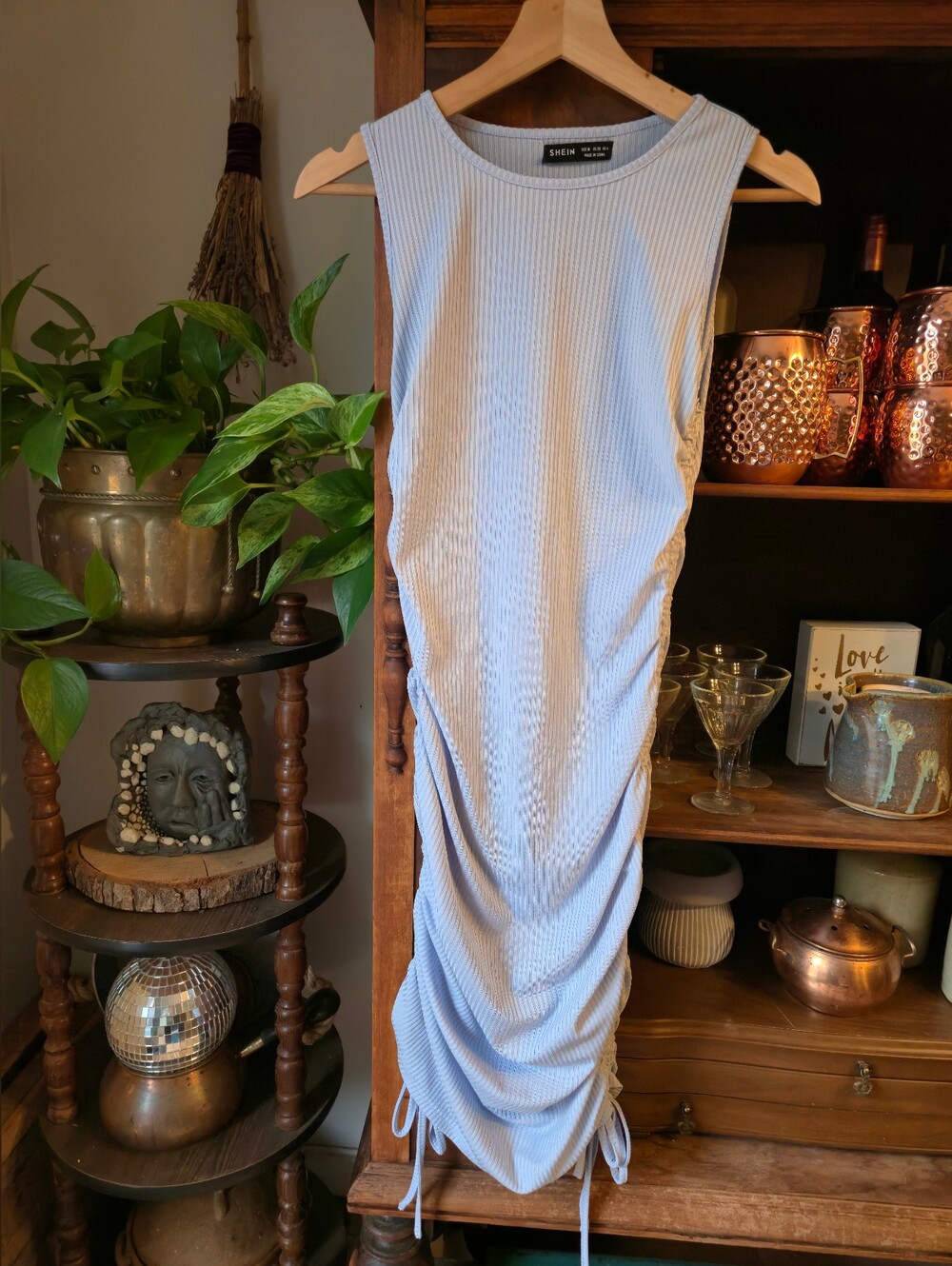 3/$20 SHEIN Light Blue Ribbed Ruched Sides Bodycon Midi Dress, Medium